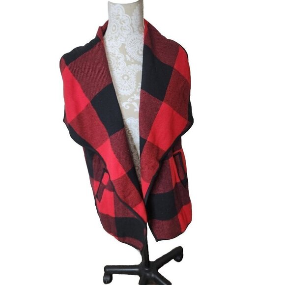 Yacun Women Open Front Red Buffalo Plaid Sleeveless Cardigan Jacket Vest Large - Picture 1 of 7
